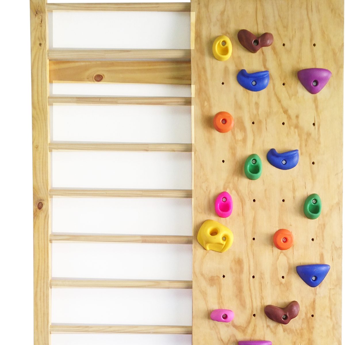 Detalle de las presas de escalada en espaldera para niños